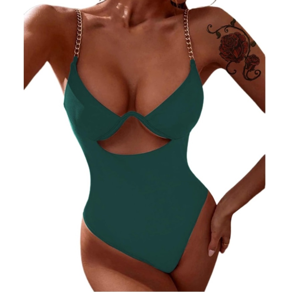 AVANOVA One Piece Swimsuit Cut‎ Out Chain Straps Ribbed Swimwear Bathing Suits